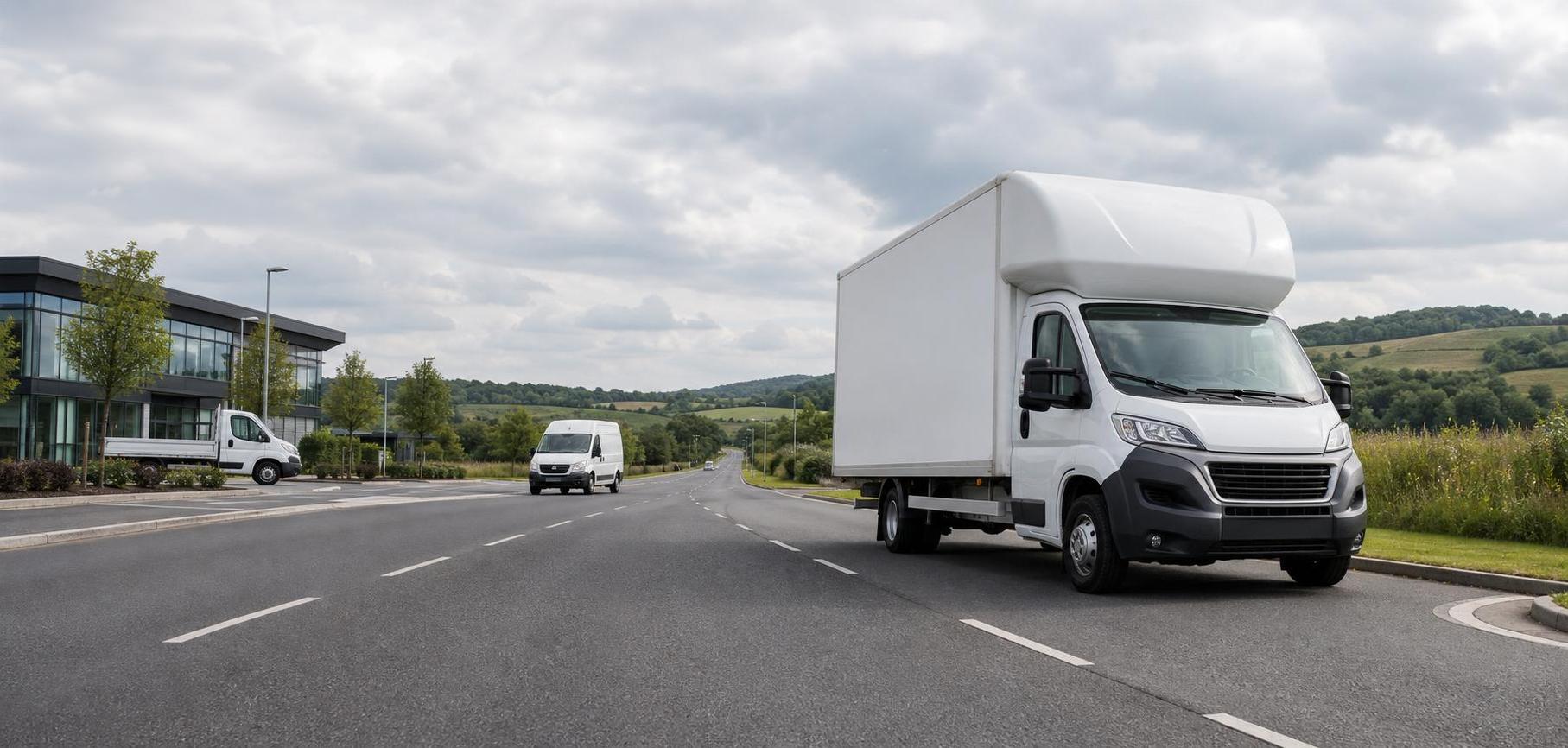 Wide hero image of a white Luton van and hire fleet on a Buckinghamshire road with open space for website text