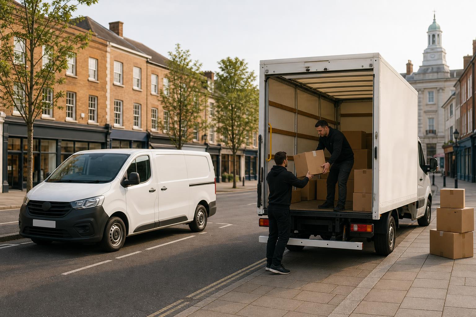People loading boxes into a white Luton van on a tidy Aylesbury market town street