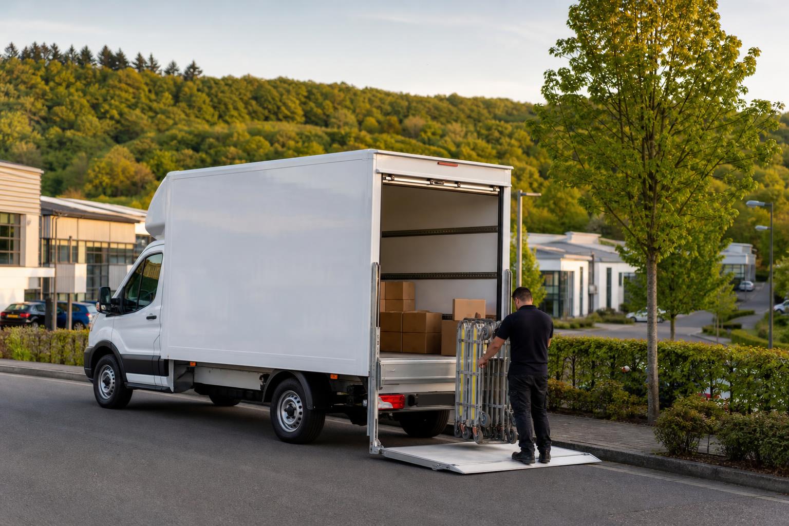 White Luton van making a business delivery on a hillside road in High Wycombe