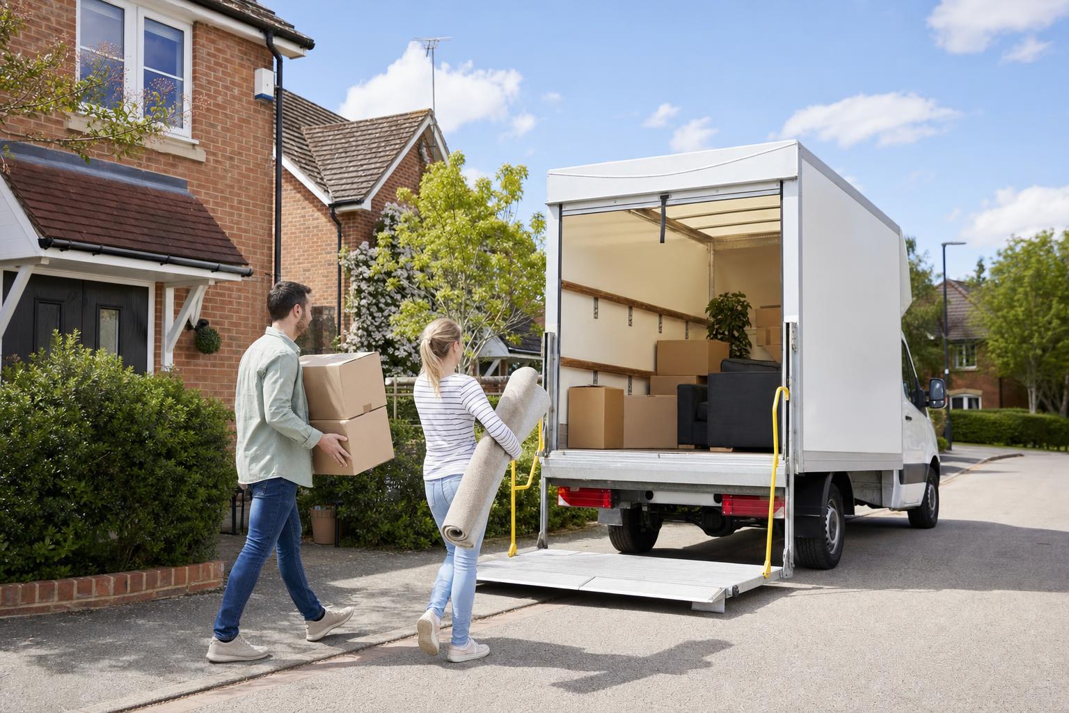Couple loading moving boxes into a white Luton van outside a suburban home in Amersham