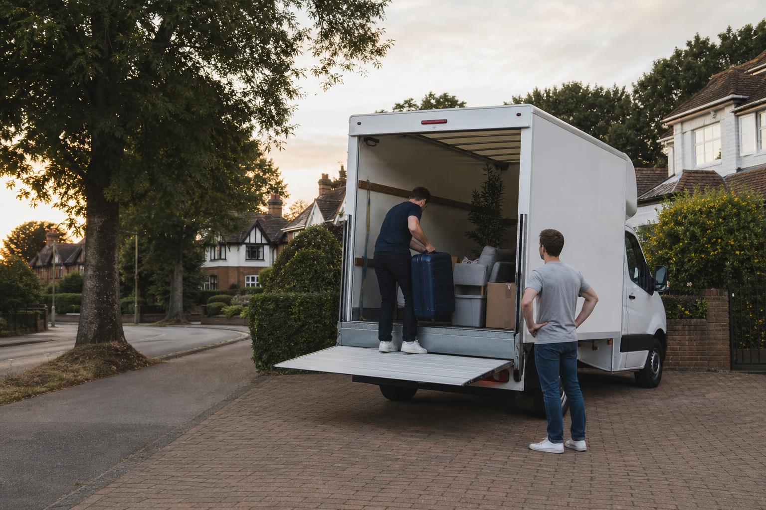 White Luton van prepared for departure on a leafy driveway in Gerrards Cross